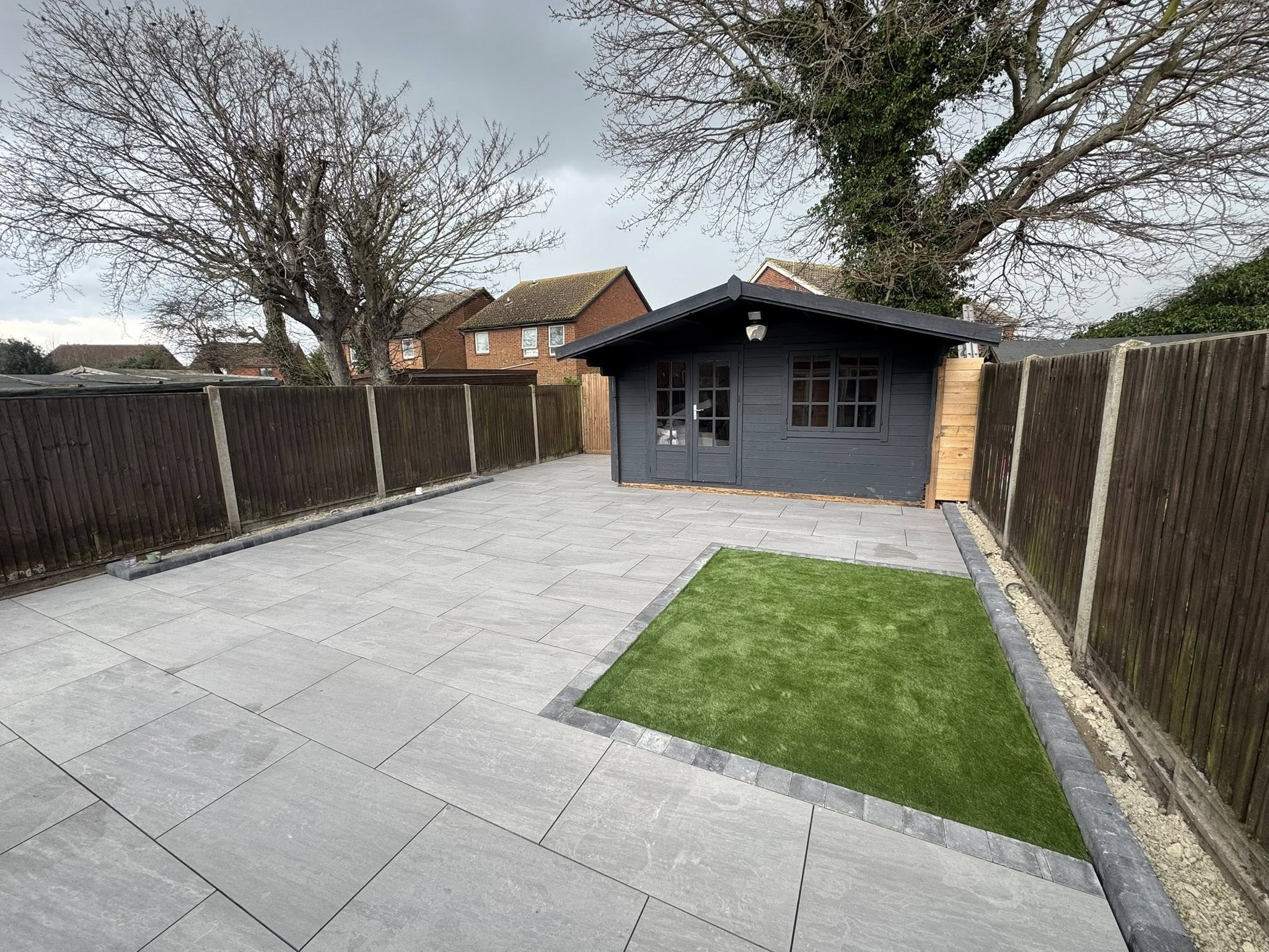 After: Kandla Grey porcelain patio wide angle view in Sevenoaks