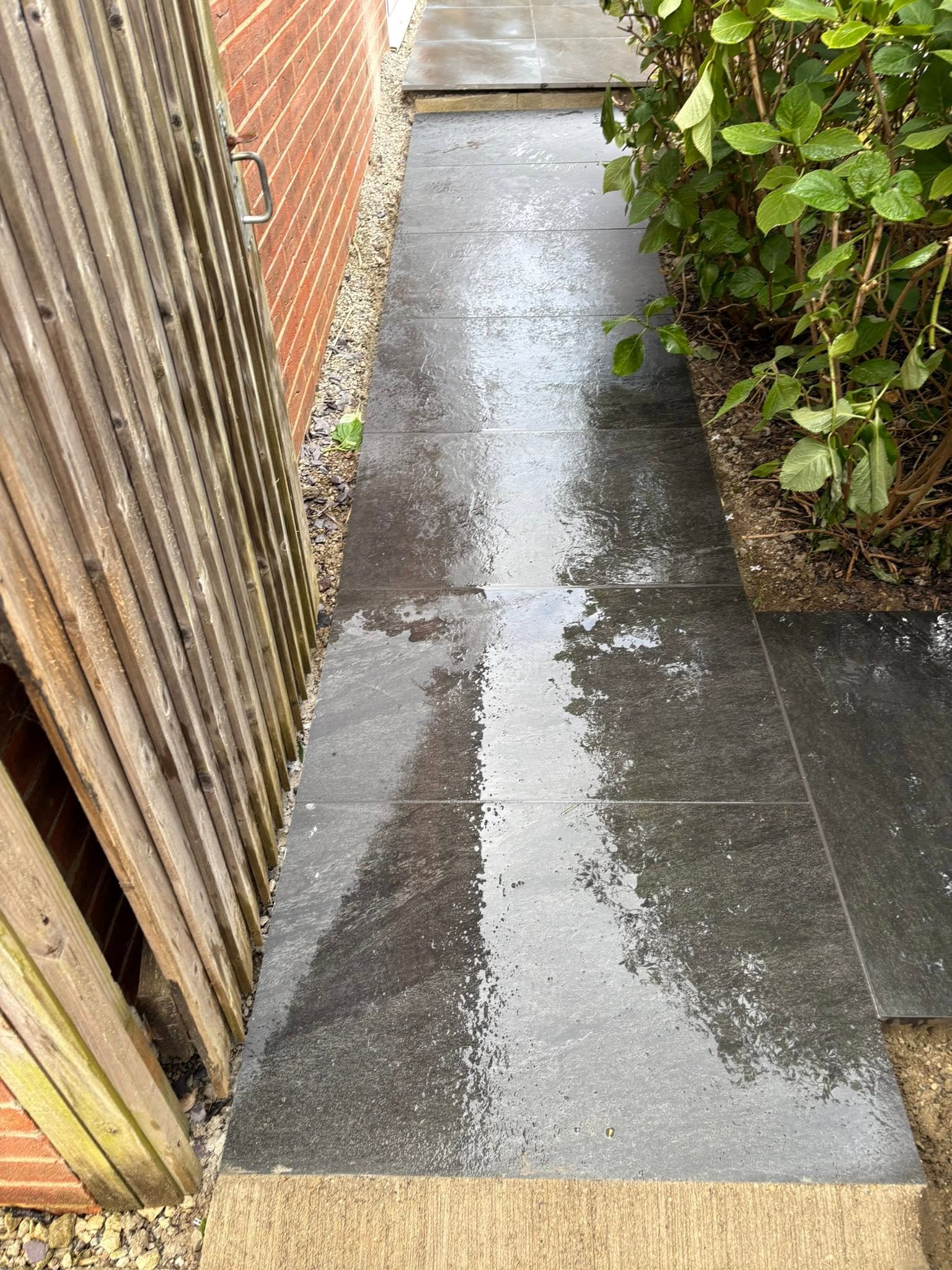 Porcelain path with charcoal grout running past the side gate of a Maidstone property