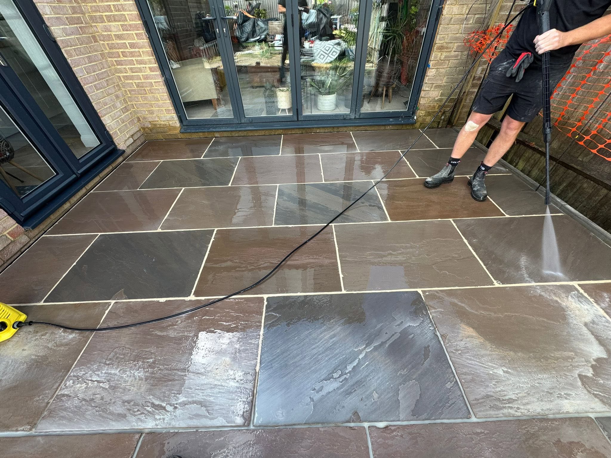 Autumn Brown Indian Sandstone Patio Outside Bi-Fold Doors in Maidstone