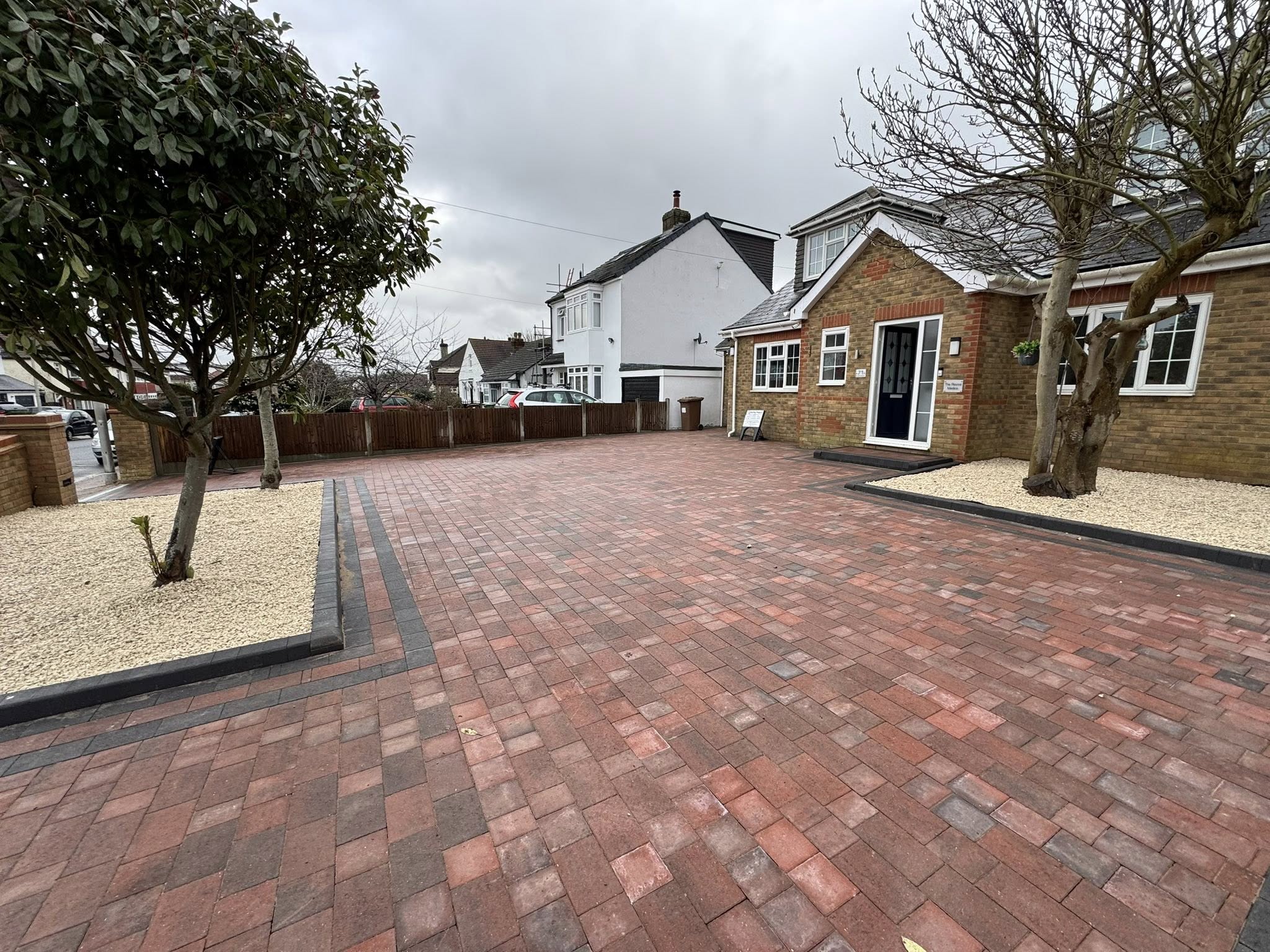 Left side view of red brick block paving driveway Rochester